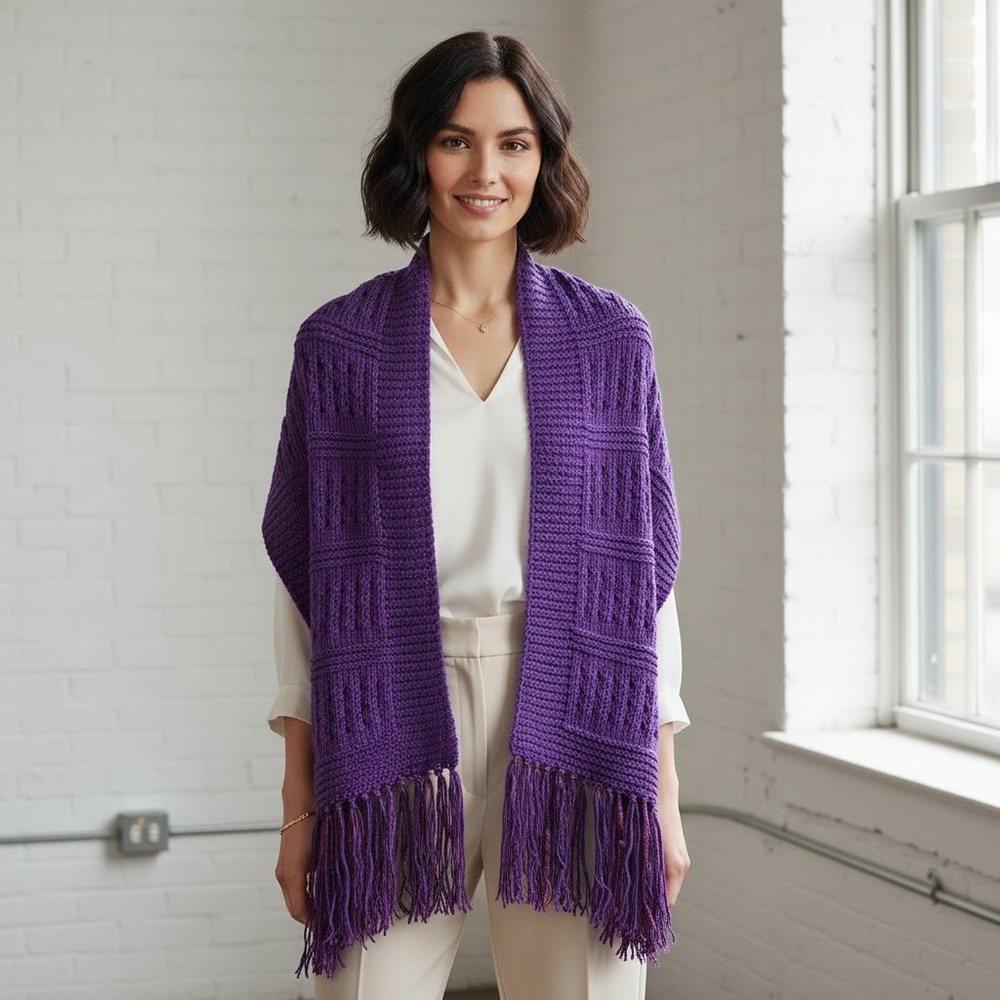 NEW Purple Hand Knitted Knit‎ Eyelet Shawl Wrap Boho Hippie Cottage Glam Fairy
